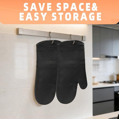 YUTAT Silicone Oven Mitts,Heat Resistant 500F Kitchen Mitts 2PCS,Perfect for BBQ, Baking and Cooking,Black - color: Black-honeycomb Surface, size: 13“L x 7"W-2 Piece