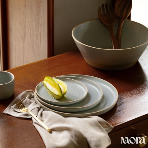 MORA Medium Plates Set of 4, 8.5 inch Ceramic Pottery Salad Plates - Microwave, Oven and Dishwasher Safe - Mist - color: Mist