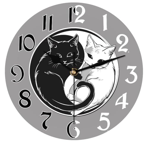 Ying Yang Tai Chi Cat Wall Clock Battery Operated 10 in Round Wall Clocks Slilent Non Ticking Quartz Analog Clock for Bedroom Kids Living Room Classroom Decor - color: Ying Yang Tai Chi Cat