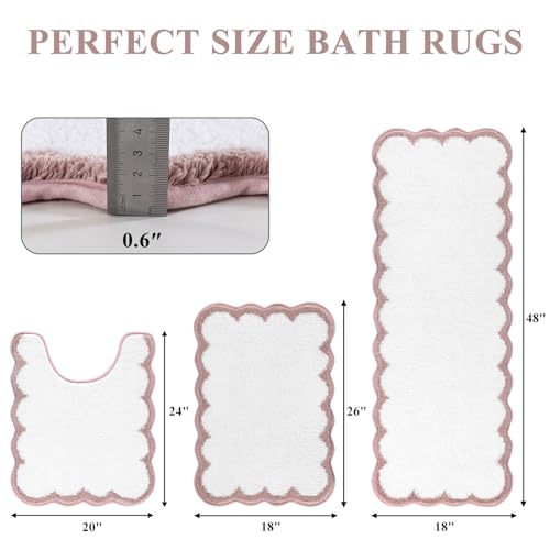 Pauwer Bathroom Rug Sets 3 Piece, Scalloped Bath Rugs, White and Dusty Pink | Non Slip Washable Bath Mat With U-Shaped Toilet Rug, Extra Absorbent Quick Dry, For Floor Sink - color: White and Dusty Pink