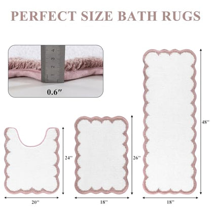 Pauwer Bathroom Rug Sets 3 Piece, Scalloped Bath Rugs, White and Dusty Pink | Non Slip Washable Bath Mat With U-Shaped Toilet Rug, Extra Absorbent Quick Dry, For Floor Sink - color: White and Dusty Pink