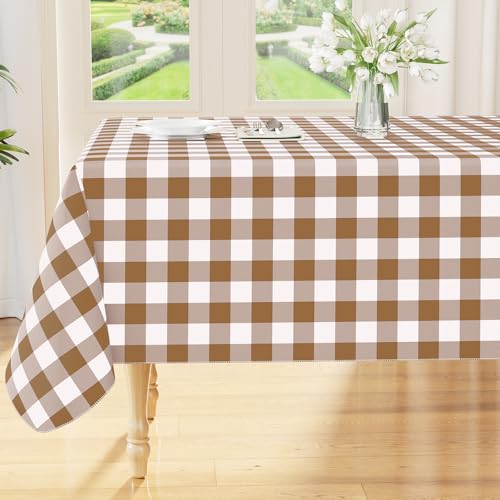Smiry Square Table Cloth, Waterproof Vinyl Tablecloth with Flannel Backing, Wipeable Buffalo Plaid Table Cover for Picnic, Indoor and Outdoor (Brown & White, 54"x54") - color: Brown & White, size: 54" x 54" (Square)