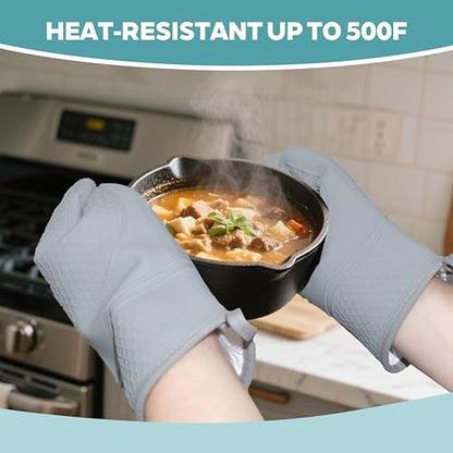 Silicone Oven Mitts Heat Resistant to 500°F – Non-Slip Waterproof Kitchen Gloves with Quilted Cotton Lining, 1 Pair (Grey)