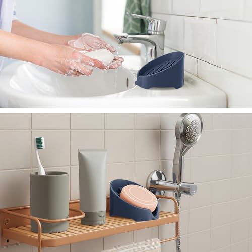 NiHome Silicone Sponge Holder for Kitchen Sink, Fits Scrub Daddy Mommy | Self-Draining Dispenser Organizer Tray, Sink Caddy Countertop Fits Soaps, Scrubber, Dishwasher Safe, Includes Brush - color: Dark Blue