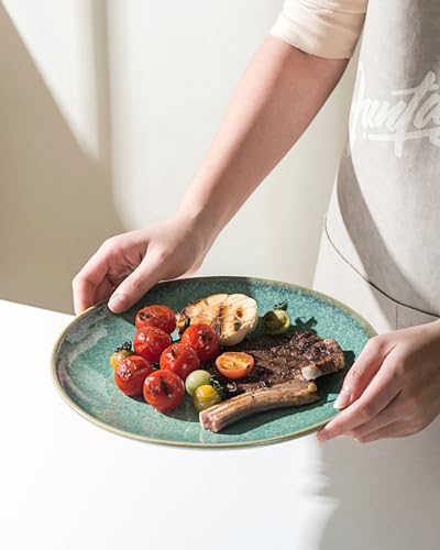 HENXFEN LEAD 10 Inch Dinner Plates Set, Porcelain Serving Dishes for Salad, Pasta, Dessert Microwave, Dishwasher Safe Plates Set of 4 - Reactive Green