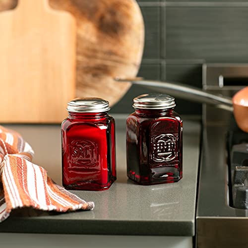 RSVP International Jumbo Retro Glass Salt & Pepper Shaker, Screw On Stainless Steel Lid, Each Shaker Holds 8 Ounces, Red, 2.25x2.25x4.3, 2 Piece - color: Red, size: 2.25x2.25x4.7