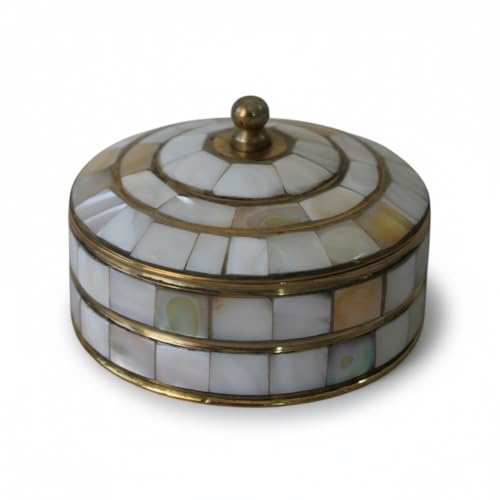 Round Hand Painted Decorative Jewelry Trinket Box Unique Gift for Home Decor Antique Metal Case with Mother of Pearl Sindoor/Coin/Jewelry Storage Box for Women (TYPE-12) - color: TYPE-12