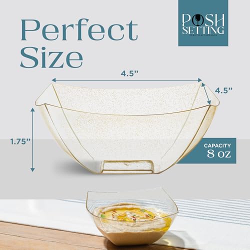 4 Pack Disposable Gold Plastic Serving Bowls Square Party Candy Use 8oz | Square Design. Disposable Party Tableware. Salad, Fruit & Candy Use. Candy Buffet Containers. Gold Plastic. - color: GOLD GLITTER, size: 8 OUNCE