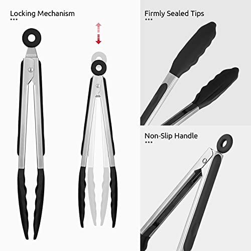 U-Taste 600ºF High Heat 9in Silicone Kitchen Tong and 600ºF Heat Resistat Spatula Spoon Flexible Silicone Cooking Scoop Spoonula (Black)