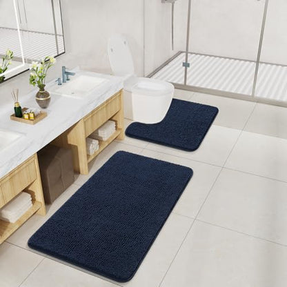 LOCHAS Bathroom Rugs Sets 2 Piece, 20''x20'' & 34''x21'', Navy | Non Slip U-Shaped Toilet Rug, Chenille Washable Absorbent, Soft Bath Mat Set for Shower, Sink - color: Navy
