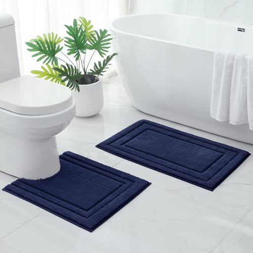 HOMEIDEAS Bathroom Rugs Sets 2 Piece, Super Soft and Absorbent Non Slip Microfiber U-Shaped Toilet Bath Mat Set (20"x32"+U20 x24, Navy Blue) - color: Loop- Navy Blue, size: 1'8" x 2'8" (20"x32"+U Shape 20"x24")