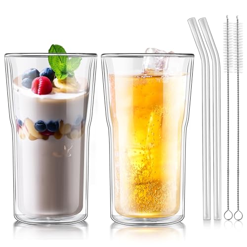 Joeyan Glass Double Walled Beer Drinking Glasses Tumbler 16 oz, Double Layer Tall Borosilicate Insulated Water Cocktail Glass Cups, Double Lined Thermo Tea Coffee Hot Beverage Glassware, Set of 2 - color: 450ml-Clear with handle
