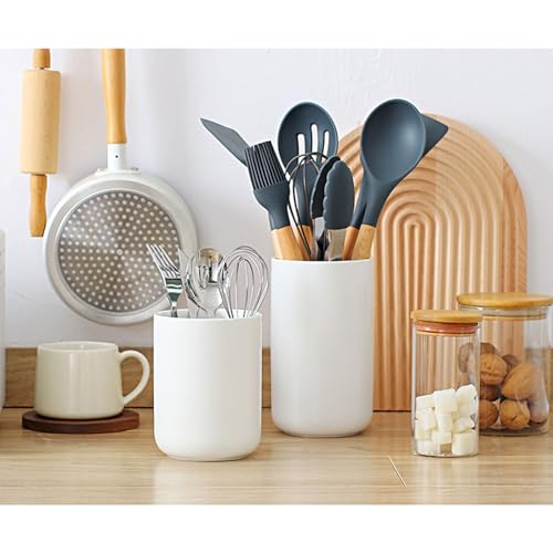 Kitchen Utensil Holder, 6.3"+5.3" Ceramic Kitchen Utensil Holder for Countertop, Large Cooking Utensil Crock for Kitchen Counter, Set of 2, for Spoons, Spatulas, Utensils (White Set) - color: White Set