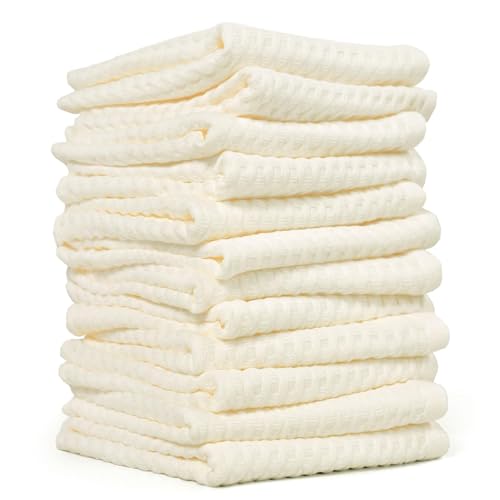 Cleanbear Wash Cloths 12 Pack - Cotton Waffle Weave, Lightweight, 13” x 13” | Absorbent & Quick-Drying Washcloths Set for Showering, Face, Body, Bathroom, Kitchen, Gym, Cream - color: Cream