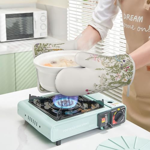 Wildflower Botanical Oven Mitts and Pot Holders Set Silicone Heat Resistant Floral Plant Herbs Sage Green Leaves Kitchen Gloves Set Kitchen Mittens Pot Holders for Cooking Baking Grilling - color: Sage Green
