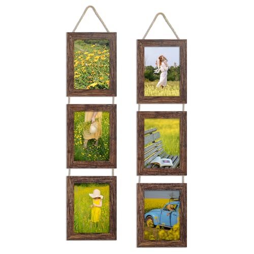 5x7 Collage Picture Frames Set of 2, Rustic Wooden Real Glass Vertical Hanging 3 Opening 5 by 7 Photo Frame, Distressed Brown - color: Distressed Brown, size: Vertical-5x7 in