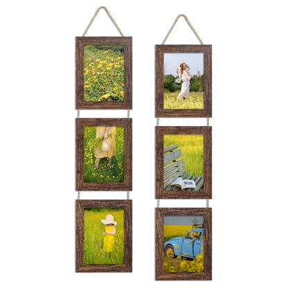 5x7 Collage Picture Frames Set of 2, Rustic Wooden Real Glass Vertical Hanging 3 Opening 5 by 7 Photo Frame, Distressed Brown - color: Distressed Brown, size: Vertical-5x7 in