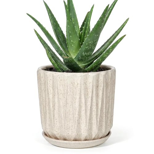 7.5 Inch Ceramic Planter Pot with Saucer Drainage Leak-Proof Mesh,Flower Pots for Indoor Plants with Gardening Gloves,Ceramic Planter (Silk White) - color: Silk White, size: 7.5 Inch