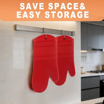 YUTAT Silicone Oven Mitts,Heat Resistant 2PCS Oven Mitts with Soft Polyester Filling,Kitchen Potholder Set - Perfect for BBQ, Baking and Cooking,RED,2 Pcs Set - color: Red-honeycomb Surface, size: 13“L x 7"W-2 Piece