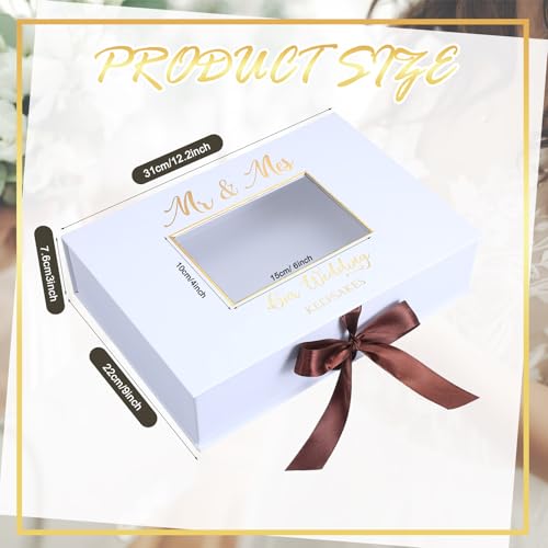 Weysat 12x9 Inches Gold Stamping Font Wedding Keepsake Box Cover with Photo Frame, White Wedding Memory Box with Ribbon for Couples Newlyweds Bridal Shower Gifts