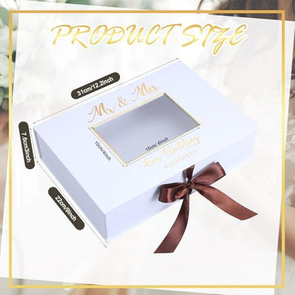 Weysat 12x9 Inches Gold Stamping Font Wedding Keepsake Box Cover with Photo Frame, White Wedding Memory Box with Ribbon for Couples Newlyweds Bridal Shower Gifts