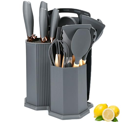 Kitchen Utensils Set,19 Pcs Cooking Tools and Knives Set,Cutting Board, Silverware Set, with Utensil Holder Precision Cutting and Organized Dining Kitchen Tool (Grey) - color: Gray