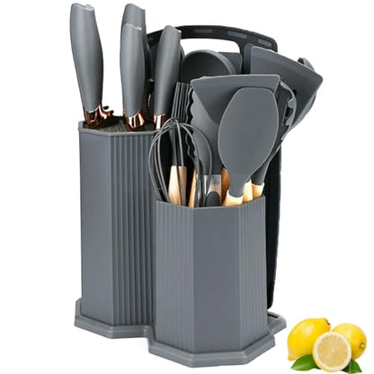 Kitchen Utensils Set,19 Pcs Cooking Tools and Knives Set,Cutting Board, Silverware Set, with Utensil Holder Precision Cutting and Organized Dining Kitchen Tool (Grey) - color: Gray