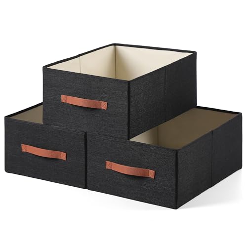 linen closet organizers and storage, 3 Pack Large Storage Baskets, Washable, Clothing Storage Bins with Handle, Closet Organizer for Storage Sweater,Sheets (Black, 18½"x13½x8½) - color: Black, size: 18½"x13½"x8½"