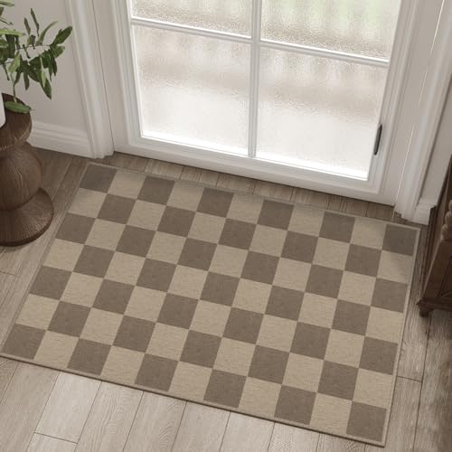 Easy Jute Checkered Entryway Rug, 2x3 Brown Modern Indoor Outdoor Doormat, Washable Non-Slip Small Kitchen Rug Farmhouse Checkerboard Throw Rugs for Entrance Bedroom Bathroom - color: Brown Checkered, size: 2' x 3' (Rectangular)