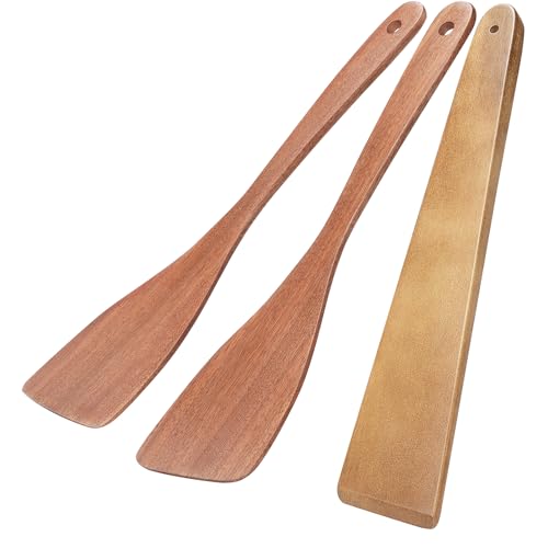 MORGLES 3Pcs Wooden Spatula Set, 12" Long Handle for Nonstick Pans Cooking | Acacia wood, flat scraper, 12" ergo handle, non-scratch, nonstick & cast-iron safe, flips/stirs/scrapes - color: Acacia Brown