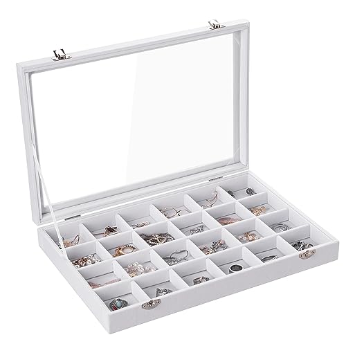 24 Grid Jewelry Tray with Clear Lid, Velvet Earring Organizer | Drawer Jewelry Organizer for Rings Studs Brooch,Adjustable Divider,Dustproof Design,Earring Storage,Trinket Box,13.8×9.5Inch - color: White, size: 24 Slots