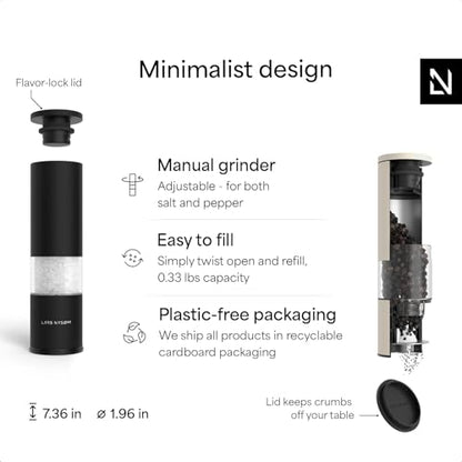 LARS NYSØM Salt and Pepper Grinder Set Manual, Stainless Steel Salt and Pepper Mills with Adjustable Ceramic Grinder I Design Spice Shakers (Black/Beige) - color: Carbon Black/Cream Beige, size: Set of two manual grinders