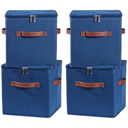 4PCS Storage Cubes with Lids Cotton Linen Fabric Bins Boxes | Decorative Foldable Washable Closet Shelf Organizer Clothes Container with PU Leather Handles, Zipper Lid, Deep Blue, 11in - color: Deep Blue ( Zipper Lid ), size: Set of 4 ( 11 in )