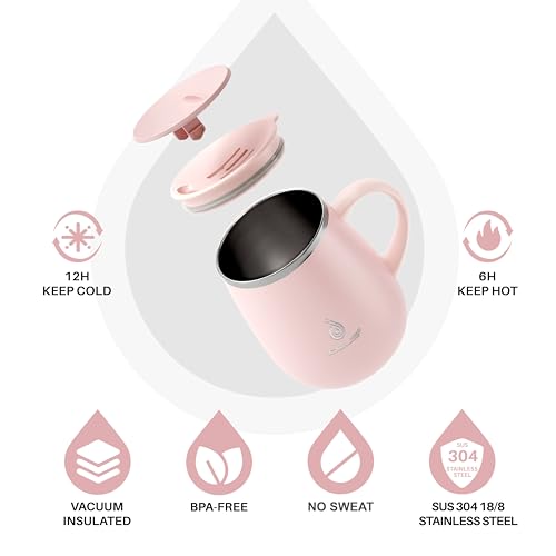 Ideus 16 oz Insulated Coffee Mug with Handle and Lid, Double Wall Stainless Steel Vacuum Thermal Coffee Mug, Travel Coffee Cup Thermal Cup for Home and Office (Sakura Pink 2.0, FUJI DAWN) - color: Sakura Pink 2.0
