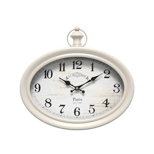 Vintage Oval Wall Clock. White Antique Style | Battery Operated Decor Wall Clocks for Farmhouse, Living Room,Kitchen,Bedroom,Bathroom (10.5" H x 11.3" W) - color: Retro White
