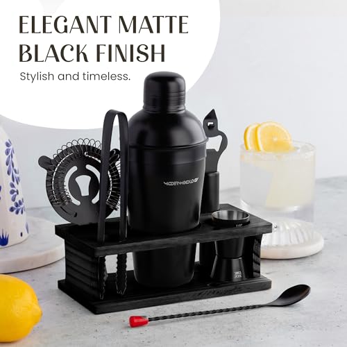 Cocktail Shaker Set - Bartender Kit with Pine Stand | Leak-Proof Design | Includes Martini Shaker, Jigger, Strainer, Spoon, Tongs | Perfect Bar Tools Gift for Home Mixology (Black) - color: Black, size: 8 Pieces
