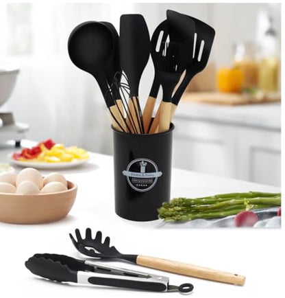 Silicone Cooking Utensils Kitchen Utensil Set - 446°F Heat Resistant Silicone Kitchen Utensils Set, Spatula,Turner Tongs, Spoon, Brush, Whisk,Kitchen Gadgets for Nonstick Cookware, BPA Free (Black) - color: Black