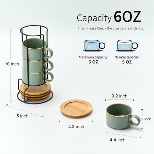 LUKA 6 Ounce Porcelain Stackable Espresso Cups with Saucers and Metal Stand Set of 4, Ceramic Cappuccino Cups Set for Specialty Coffee Drinks, Latte, Cafe Mocha and Tea, Wild Sage Earth - color: Wild Sage Earth