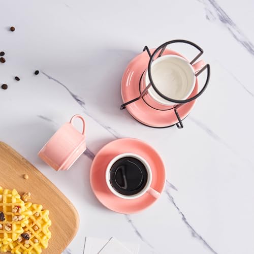 YOLIFE 2.5oz Espresso Cups Set of 4, Porcelain Stackable Espresso Cups, Expresso Shots Cup Set with Saucers and Metal Stand-Pink - color: Pink, size: 2.5oz
