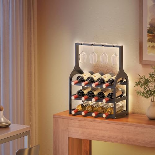 Bamboo Wine Rack Countertop, Small Free Standing Racks Tabletop Display | 12 Wine Bottles and 4 Glass Holder | Wooden Wine Storage Organizer Shelves for Kitchen Bar, Cellar, & Dining Room | Black - color: Black With Glass Holder