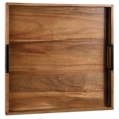 Large Square Ottoman Tray for Living Room and Coffee Table, Decorative Acacia Wood Serving Tray with Metal Handles for Breakfast in Bed, Dinner Food Kitchen TV (Natural, 22" x 22" x 2") - size: 22" x 22" x 2"