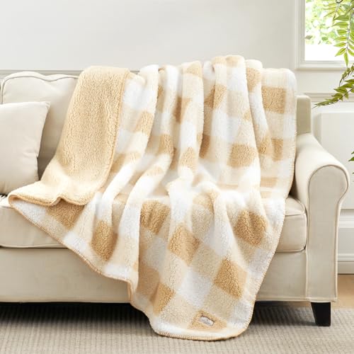 Cozy Bliss Luxury Sherpa Throw Blanket for Couch, Premium Reversible Buffalo Plaid Thick Throw, Warm Cozy Soft Blanket for Home and Gifts (Beige, 50" x 60") - color: Buffalo Plaid-beige, size: Throw(50" x 60")