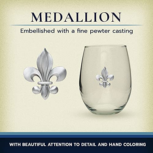 Heritage Pewter Fleur de Lis Stemless Glass Goblets – Set of 2 | 15 OZ Goblet Wine Glasses | Expertly Crafted Pewter Glass - style: Fleur de Lis