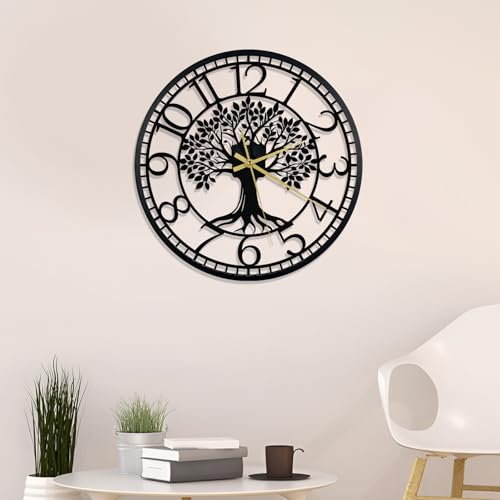 Big Wall Clock - Wall Clocks for Living Room Decor, Quiet and No Ticking Suitable for Wall Decor, Living Room Decoration, Kitchen Decoration - color: Black Tree of Life Straight Border, size: 16in
