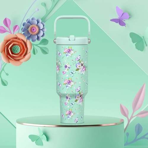 40 oz Insulated Tumbler with Top Handle and Flip Straw | Vacuum Insulated Stainless Steel Cup with Leak-Proof Lid, Sweat-Free, Fits Cup Holder, Keeps Ice Cold up to 30 Hours - color: Butterfly-Light Green, size: 40 Ounces