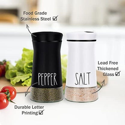Farmhouse Salt and Pepper Shakers with Adjustable Pour Holes, Refillable Salt Shaker by Aelga, Ideal for Himalayan, Kosher, Black and White Pepper - color: Black/White