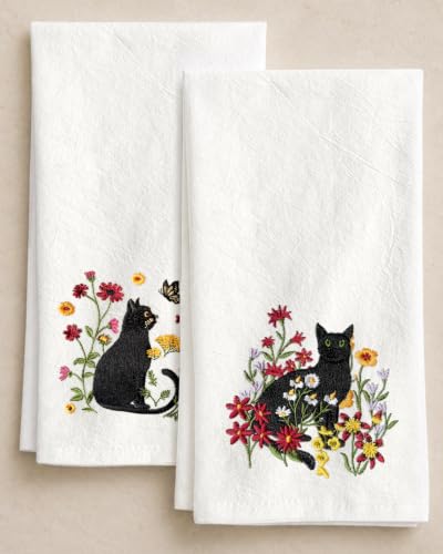 Embroidered Flour Sack Kitchen Towels, Black Cat | Exquisite Embroidery, Pure Cotton, Lightweight, Nostalgic Design, with Hanging Loop, Softer After Wash, Machine Washable - color: Cat in Flower
