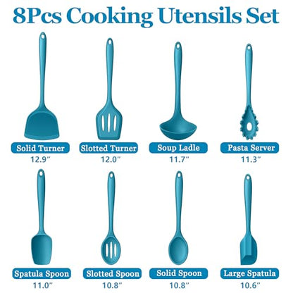 LIANYU Non-Toxic Kitchen Cooking Utensils Set, 8Pcs Blue Silicone Tools | Heat Resistant Cooking Gadgets for Nonstick Cookware, Includes Silicone Spatula, Ladle, Spoon Turner, Dishwasher Safe - color: Blue