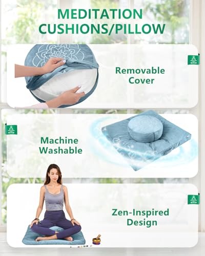 Hihealer Meditation Cushion Set Large Velvet Floor Pillow & Traditional Tibetan Yoga Bolster for Adults Zafu Meditation Mat with Buckwheat Filling - color: Blue