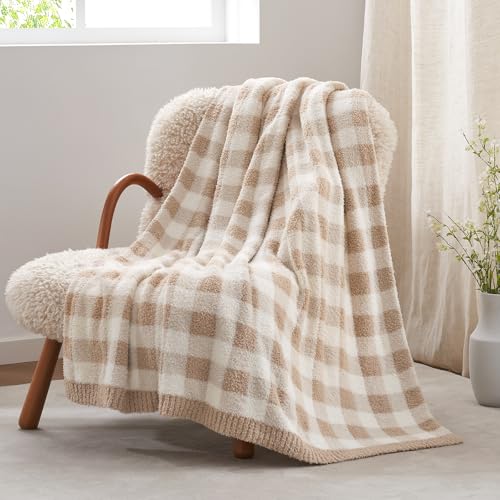 Snuggle Sac Buffalo Plaid Bedding Blanket Twin Size, Super Soft, Cozy Warm Knit Decorative Blankets, Reversible Plaid Fluffy Throws for Bed, Plaid Beige, 60x80 Inches - color: Plaid Beige, size: Twin(60"x 80")
